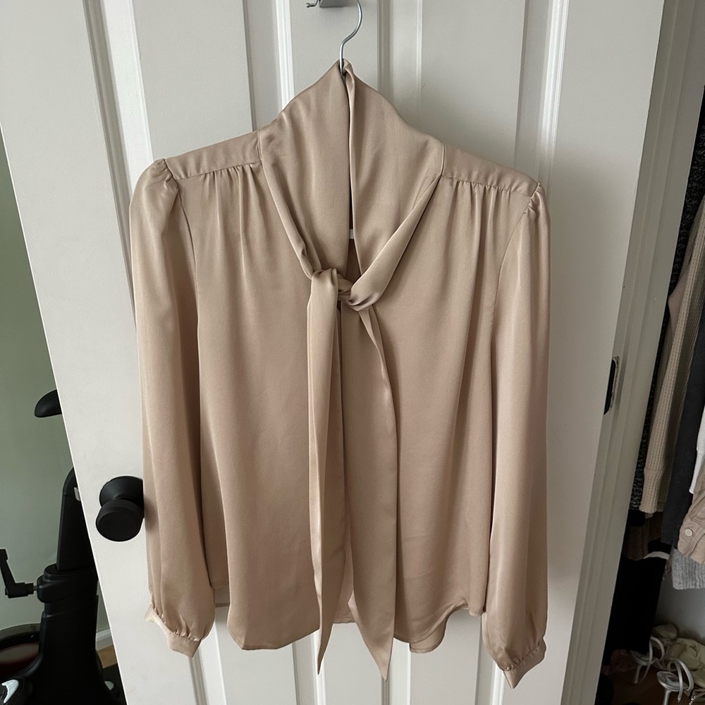 Ann Taylor Tan Long Sleeve Tie Front Blouse